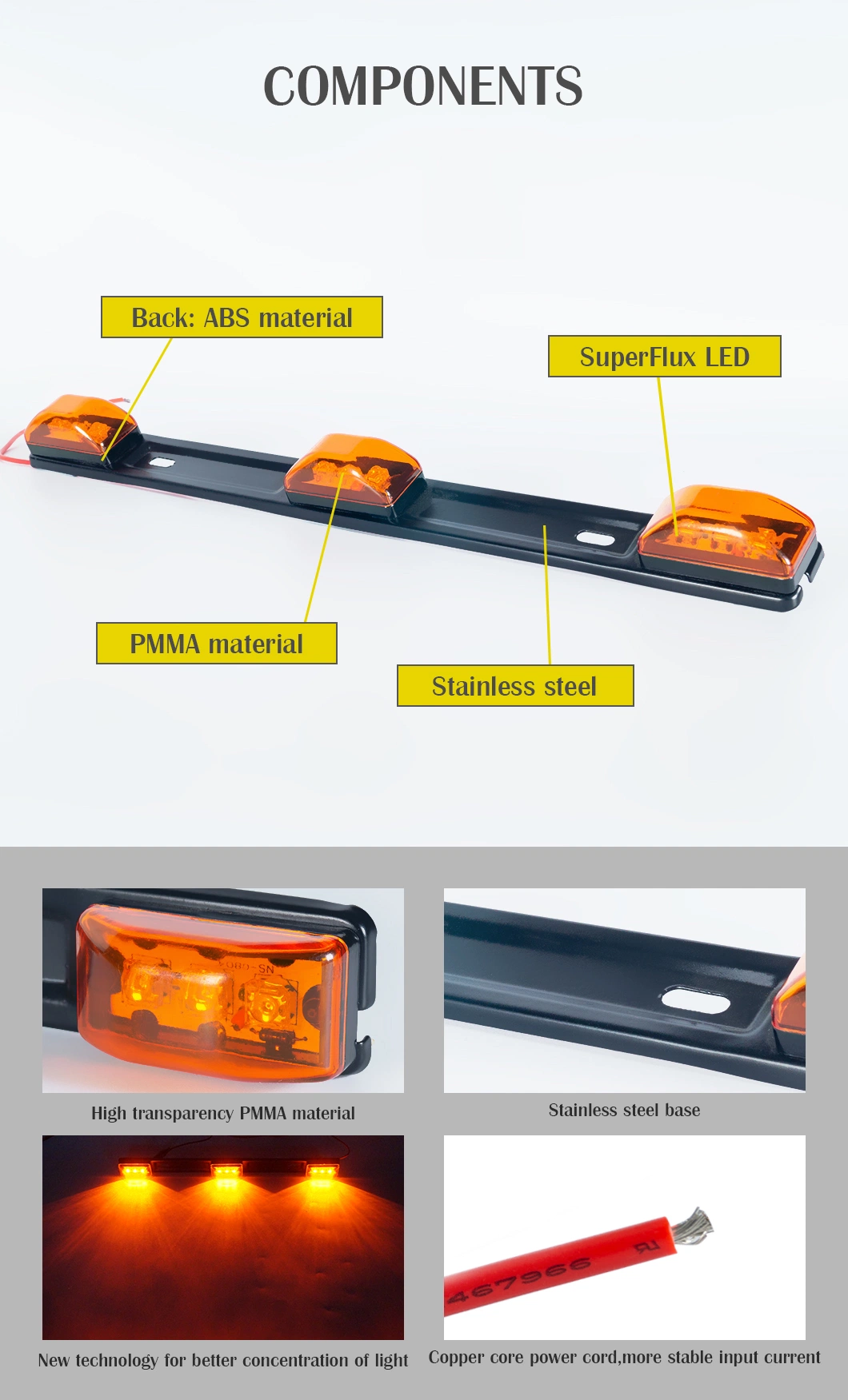Amber Clearance Bar Marker Light Sealed Stainless Truck and Trailer Identification LED Light Bar