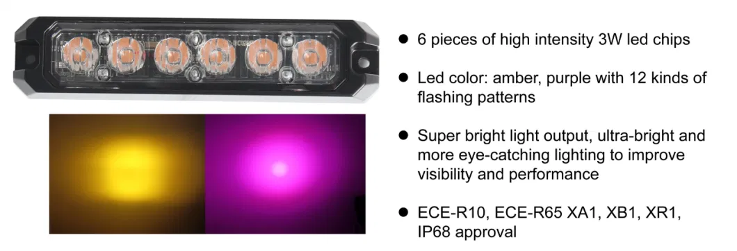 New Arrival 6 LEDs Amber Purple Warning Flashing Caution Construction Hazard Light Bar for Car Truck Van