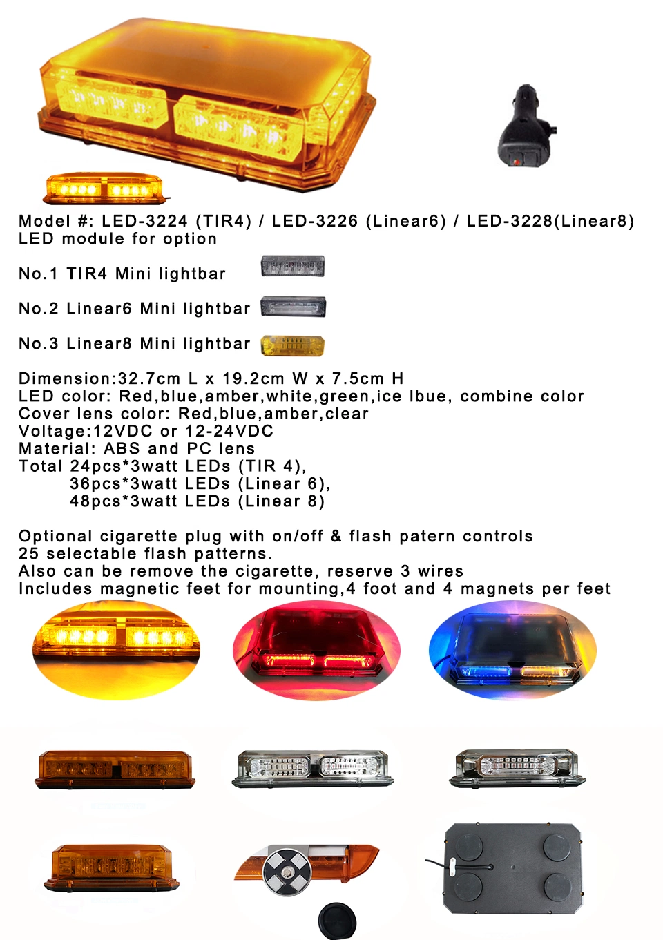 48 LEDs 33cm Length LED Warning Mini Light Bar Magnetic Feet Lightbar