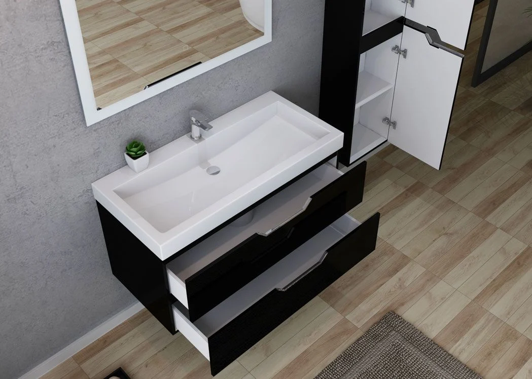 Black Wall Hung Bathroom Cabinet 100cm Bathroom Furniture Set with One Washbasin