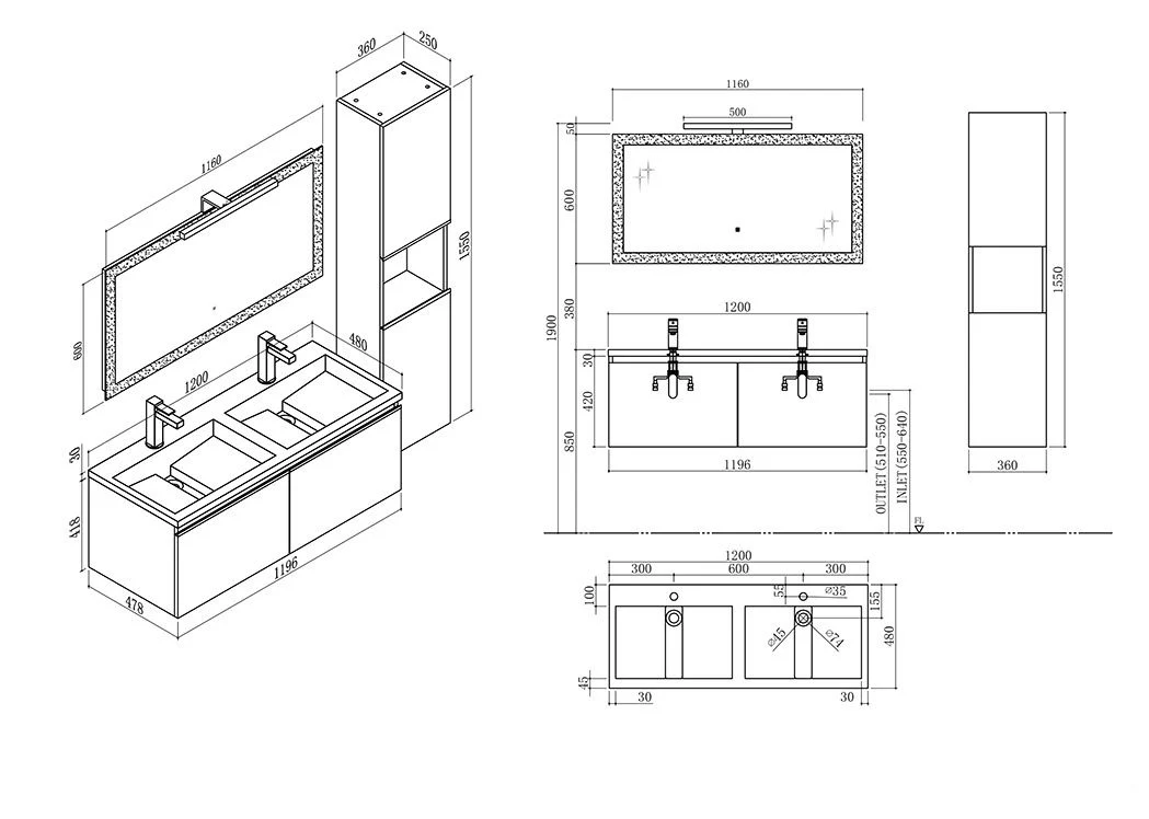 120cm Bathroom Cabinet White Bathroom Furniture Set with One Basin