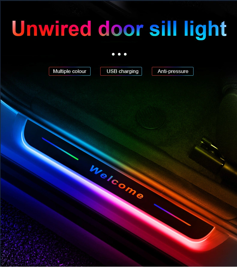 4PCS Wireless LED Pedal Welcome Light Universal Door Sill Plate Lamp Acrylic USB Charging RGB Custom Logo Streamer Dynamic Light for Auto