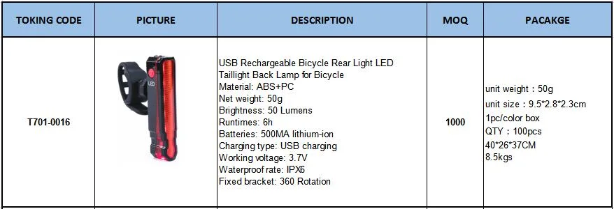 High Lumens LED Light USB Rechargeable Bike Rear Bicycle Tail Light
