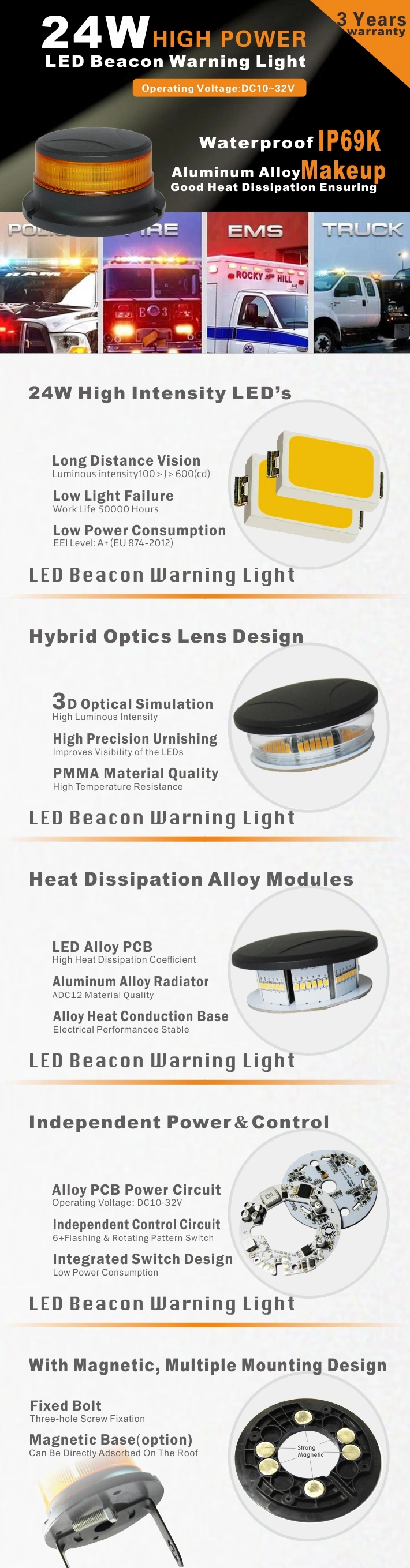 Caution Light Rotating Beacon Flashing Warning Lamp for Construction Machinery