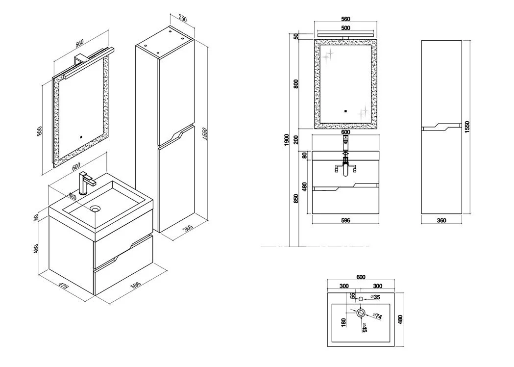 Black Wall Hung Bathroom Cabinet 60cm Bathroom Furniture Set with One Washbasin