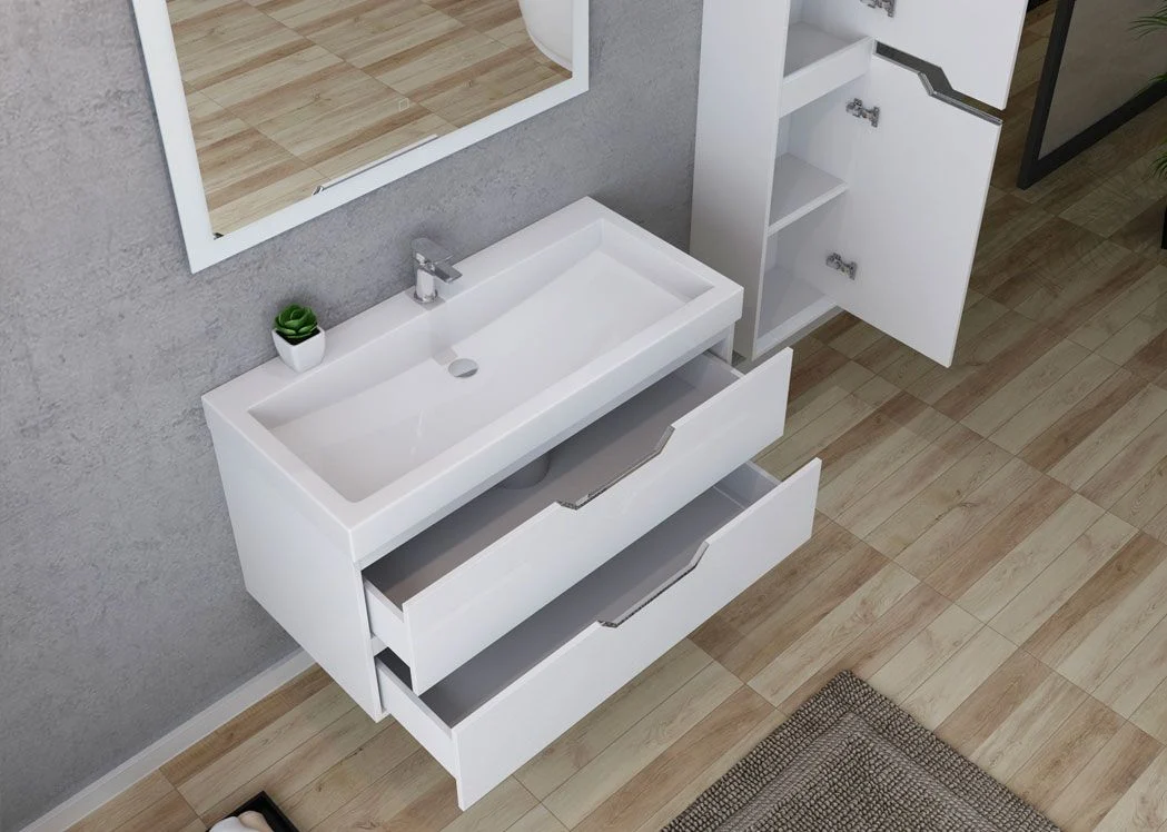 White Wall Hung Bathroom Cabinet 100cm Bathroom Furniture Set with One Washbasin