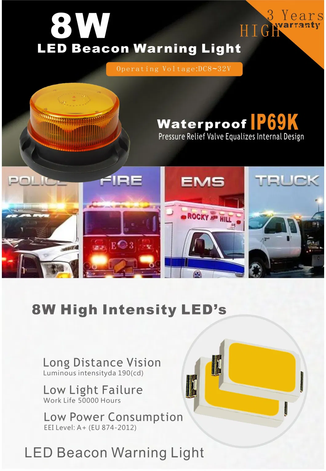 16W LED Amber Waterproof Magnetic Flashing Warning Beacon Light
