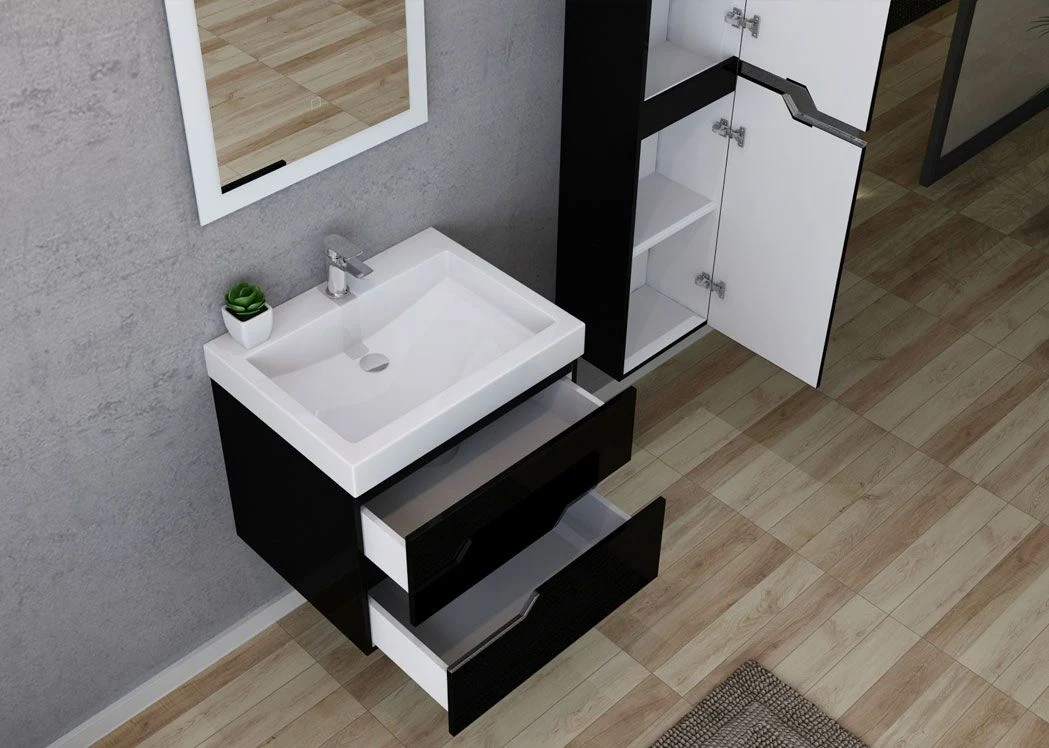 Black Wall Hung Bathroom Cabinet 60cm Bathroom Furniture Set with One Washbasin