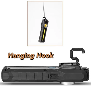 Lampada da lavoro COB ricaricabile LED portatile all&prime;ingrosso per esterni con base Magnete per gancio di aggancio per ispezione auto 5 modalità lampeggiante Luce spot lampeggiante