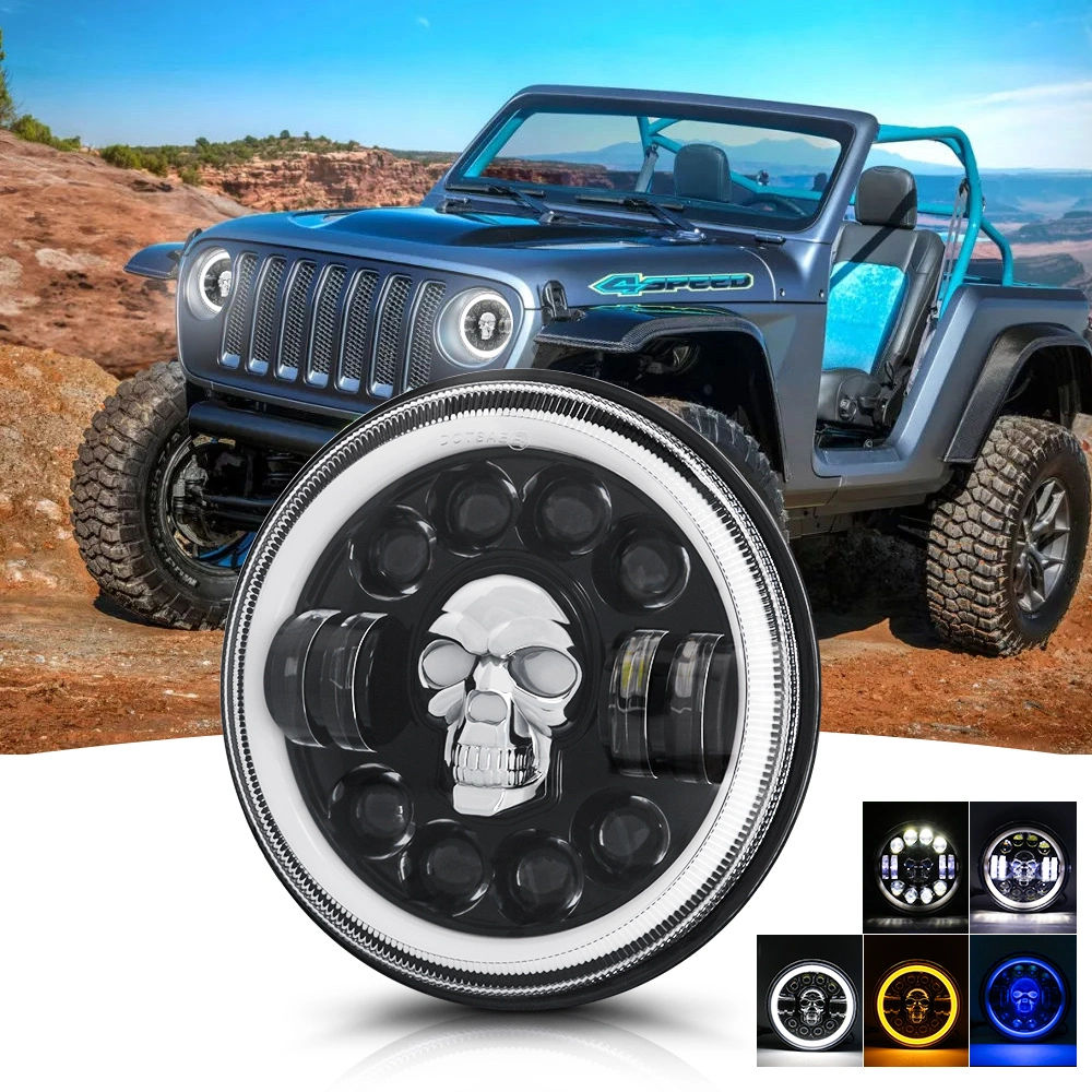 Hot Sale 4X4 Accessories 7 Inch Round Headlamp LED Headlight with Amber Angel Eyes DRL for Jeep Wrangler Harley