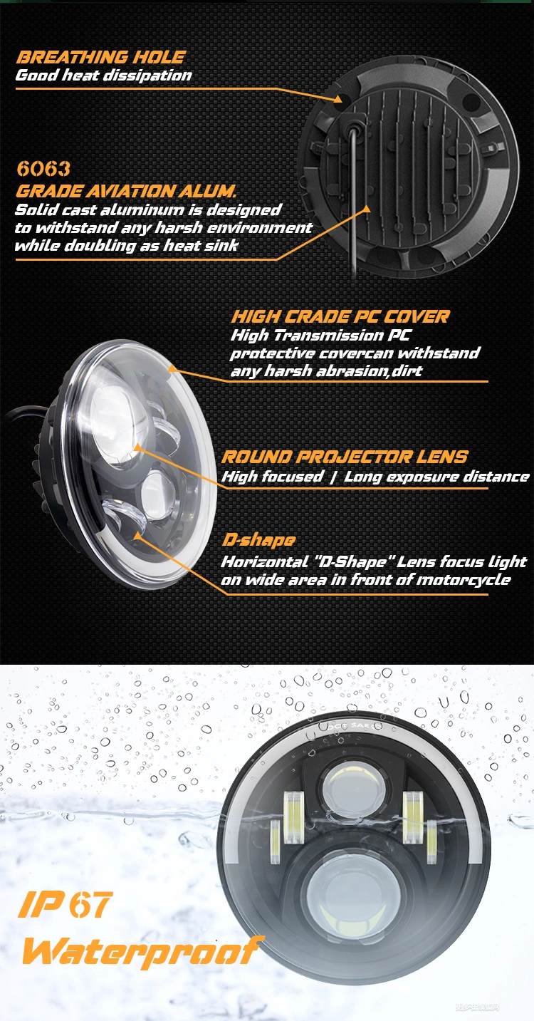 Super Bright 72W Jk Jl Amber White Round 24 Volt 12V 7 Inch LED Headlight for Jeep Offroad