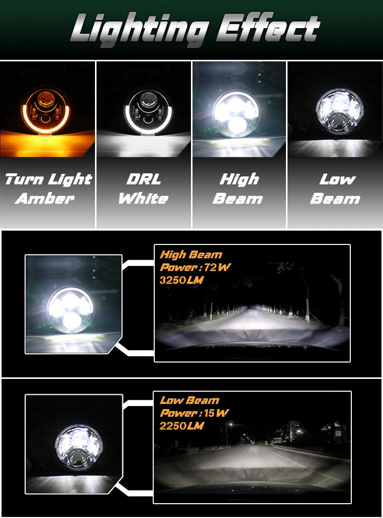 Super Bright 72W Jk Jl Amber White Round 24 Volt 12V 7 Inch LED Headlight for Jeep Offroad