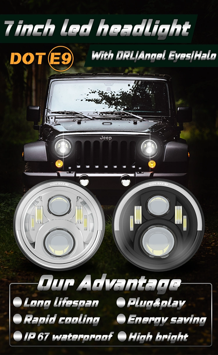 Super Bright 72W Jk Jl Amber White Round 24 Volt 12V 7 Inch LED Headlight for Jeep Offroad