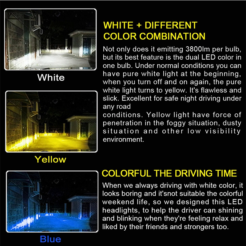 Super Bright Newest Tricolor Blue White Yellow Car LED Headlight H4 H7 H11 9005 9006 Auto Headlamp