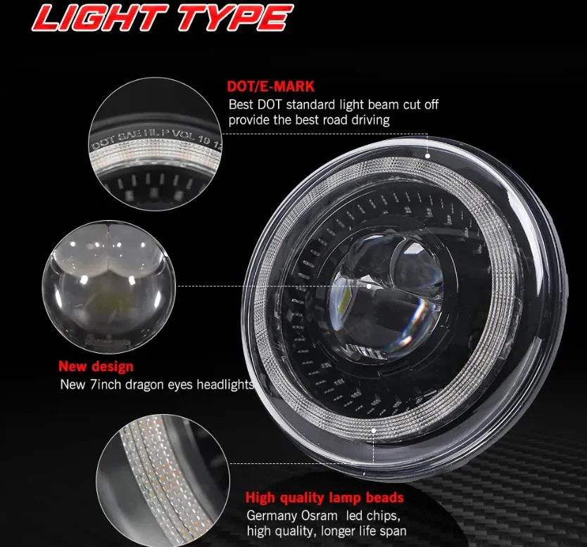 Auto Parts off Road 4X4 7inch Round LED Headlight DRL High Low Beam LED Lights for Jeep Jk