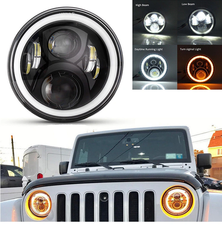 Faro LED 60W 7 Inch Round LED Headlight Amber Turn Signal Halo for Jeep Wrangler Jk Cj Tj Harley 7&quot; Headlamp