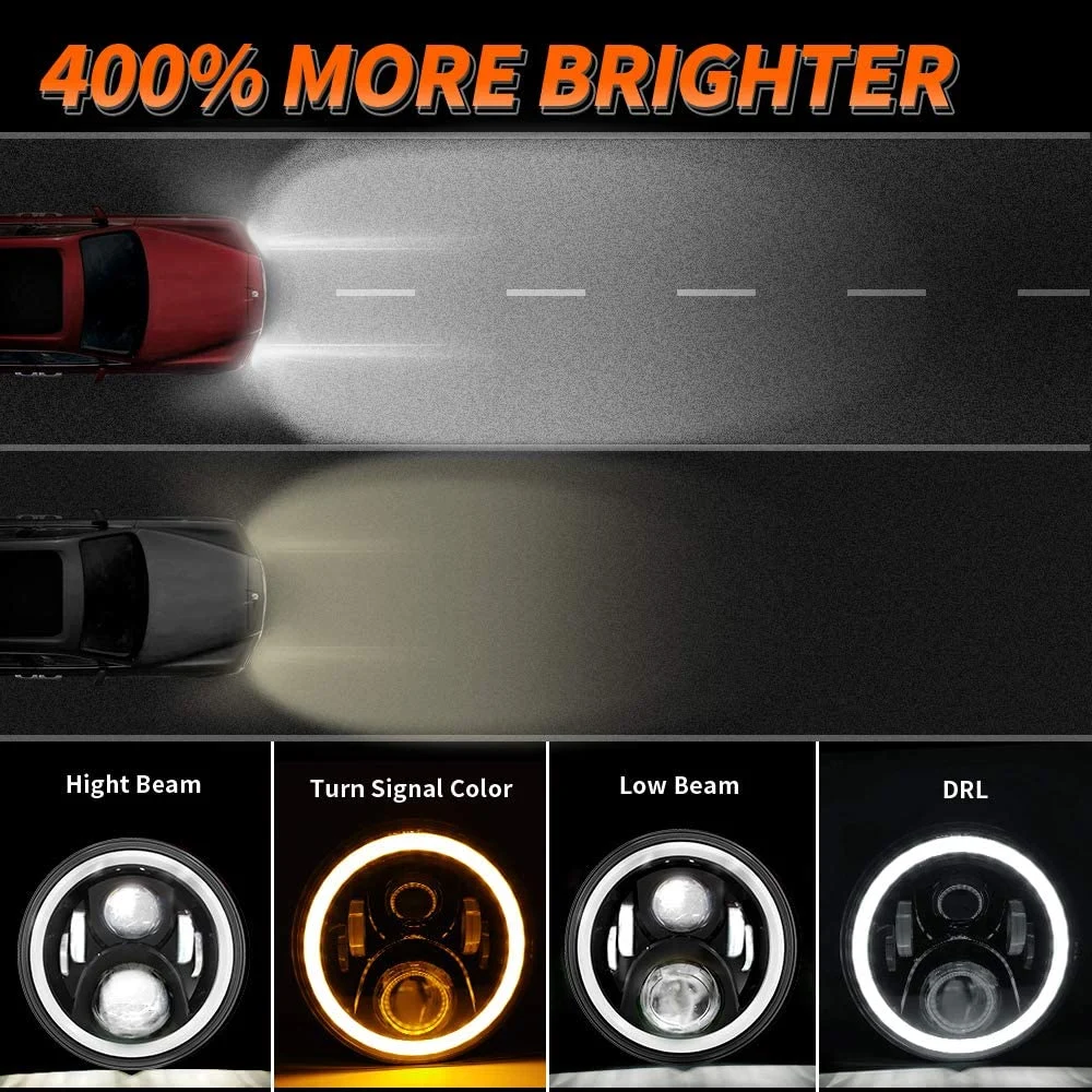 LED Headlights with Hi/Lo Beam, DRL Amber Turn Signal 7inch Round Headlights