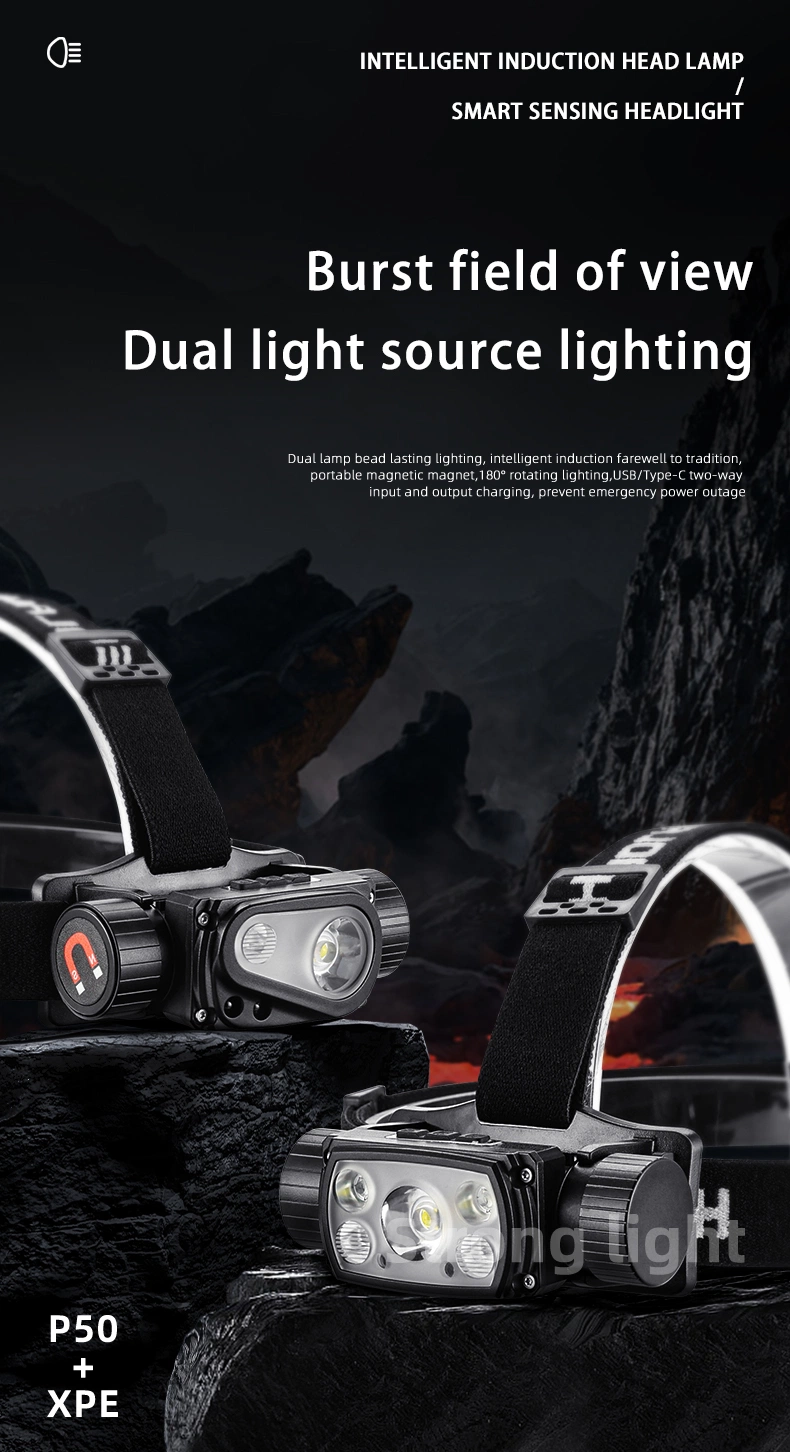 Xhp50+2*Xpg+2*Red Light 1200lumen Powerful Wave Sensing Type-C LED Headlamp Headlight