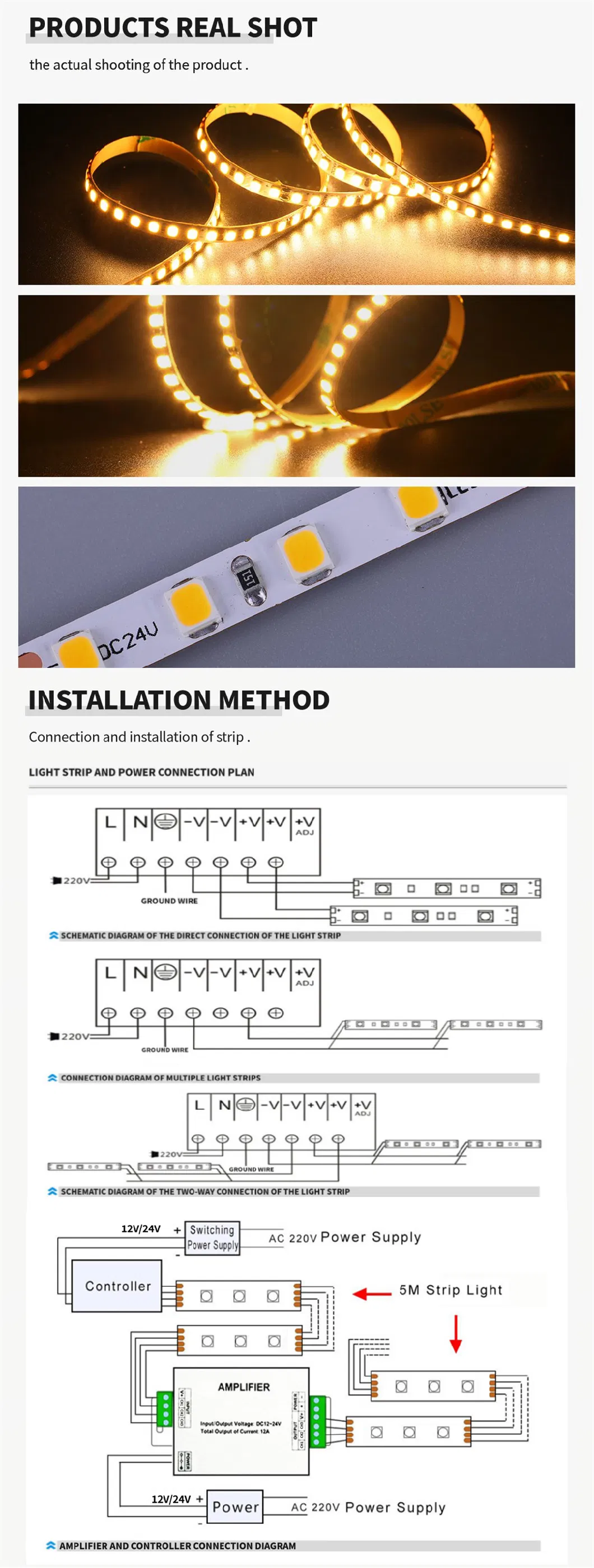 2835 LED Strip Lights 120LEDs 5mm Wide 24V Flexible Strip Light Waterproof LED Light Bar