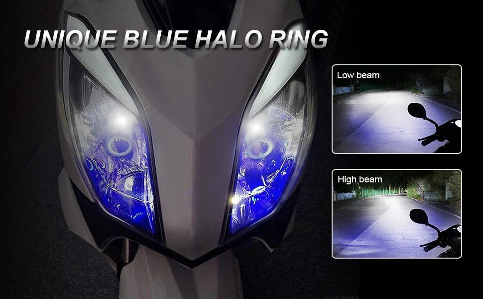 25W 3500lm 6000K Cool White with Blue Angel Eye Daytime Running Light 9003 HS1 Hi/Lo Beam H4 LED Motorcycle Headlight Bulb