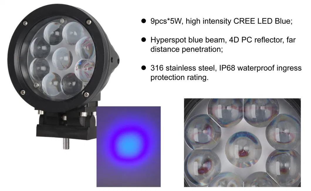 Far Distance CREE IP68 45W Round LED Blue Spot Headlight for Farm Agricultural Sprayer