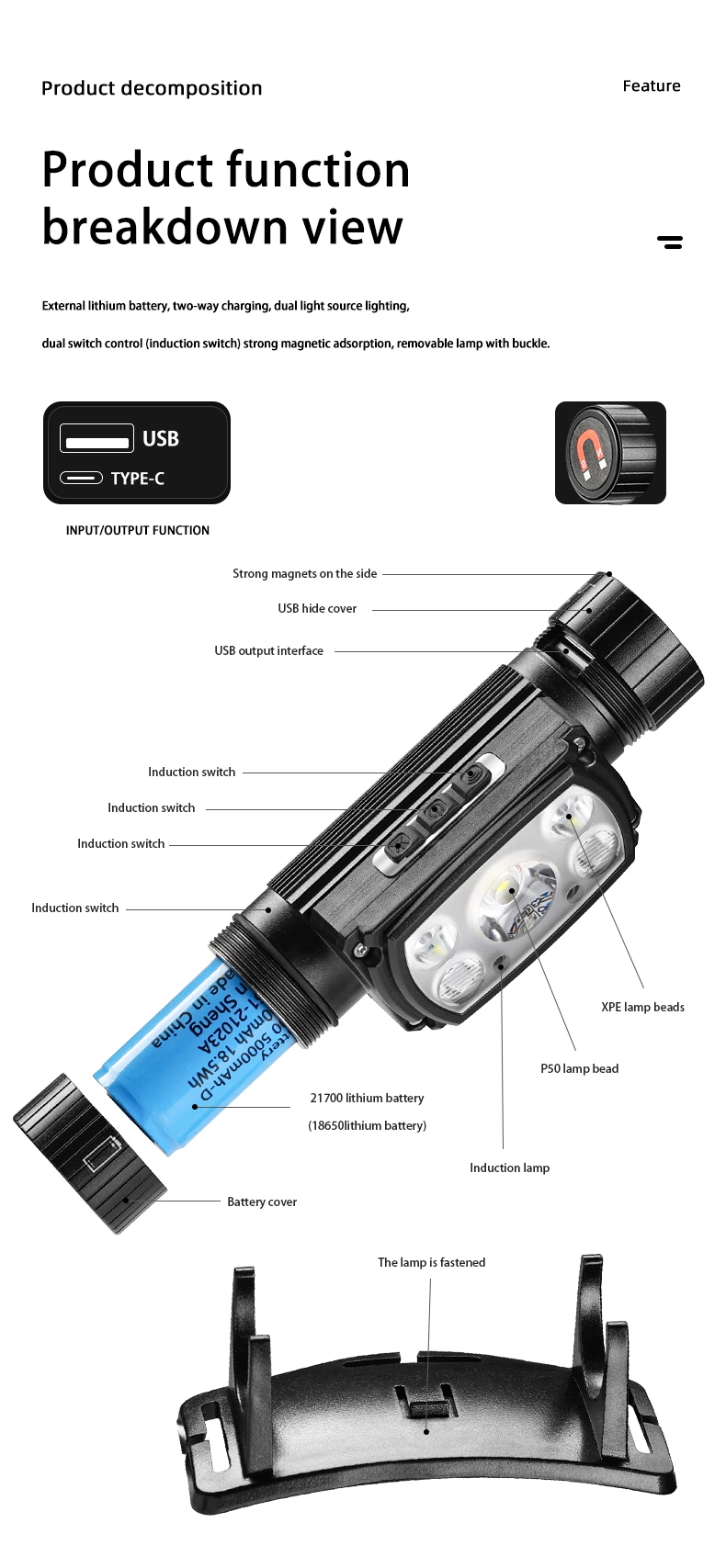 Xhp50+2*Xpg+2*Red Light 1200lumen Powerful Wave Sensing Type-C LED Headlamp Headlight