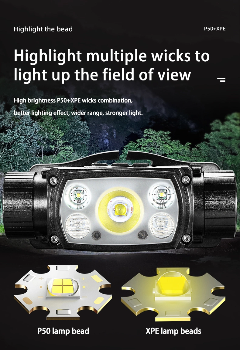 Xhp50+2*Xpg+2*Red Light 1200lumen Powerful Wave Sensing Type-C LED Headlamp Headlight