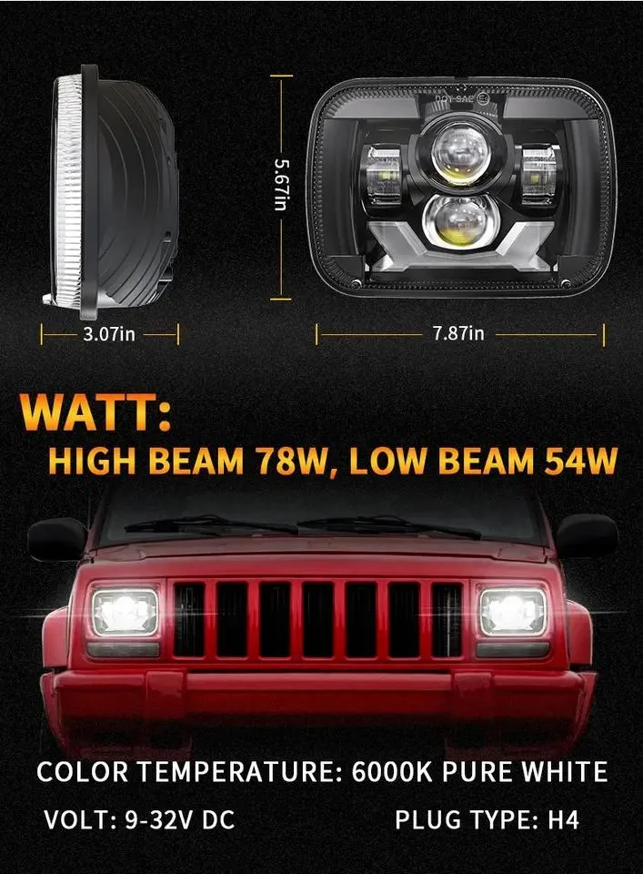 Truck Headlight Hi/Lo Beam 5X7 Inch Square LED Headlight 78wwith White/Amber Halo for Ford