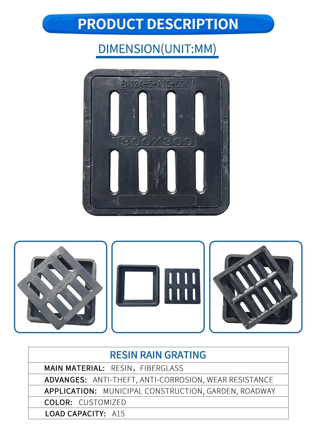 Drain Grates with En124 SGS Acid Resistant Composite Resin Drain Grating and Manhole Cover