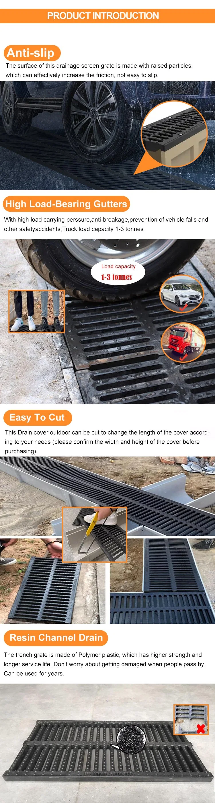 Stainless Steel Outdoor Drain Grate Outdoor Garage Floor Drain Trench Drainage Channel Grille Cover Plate