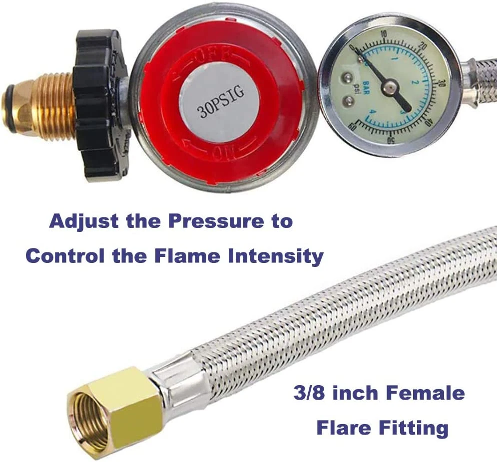 Adjustable High Pressure Heater Firepit Oven Propane Regulator Gas Hose with Flexible Stainless Braided Hose for Gas Stove, Gas Heater, Gas Oven, Gas Fireplace