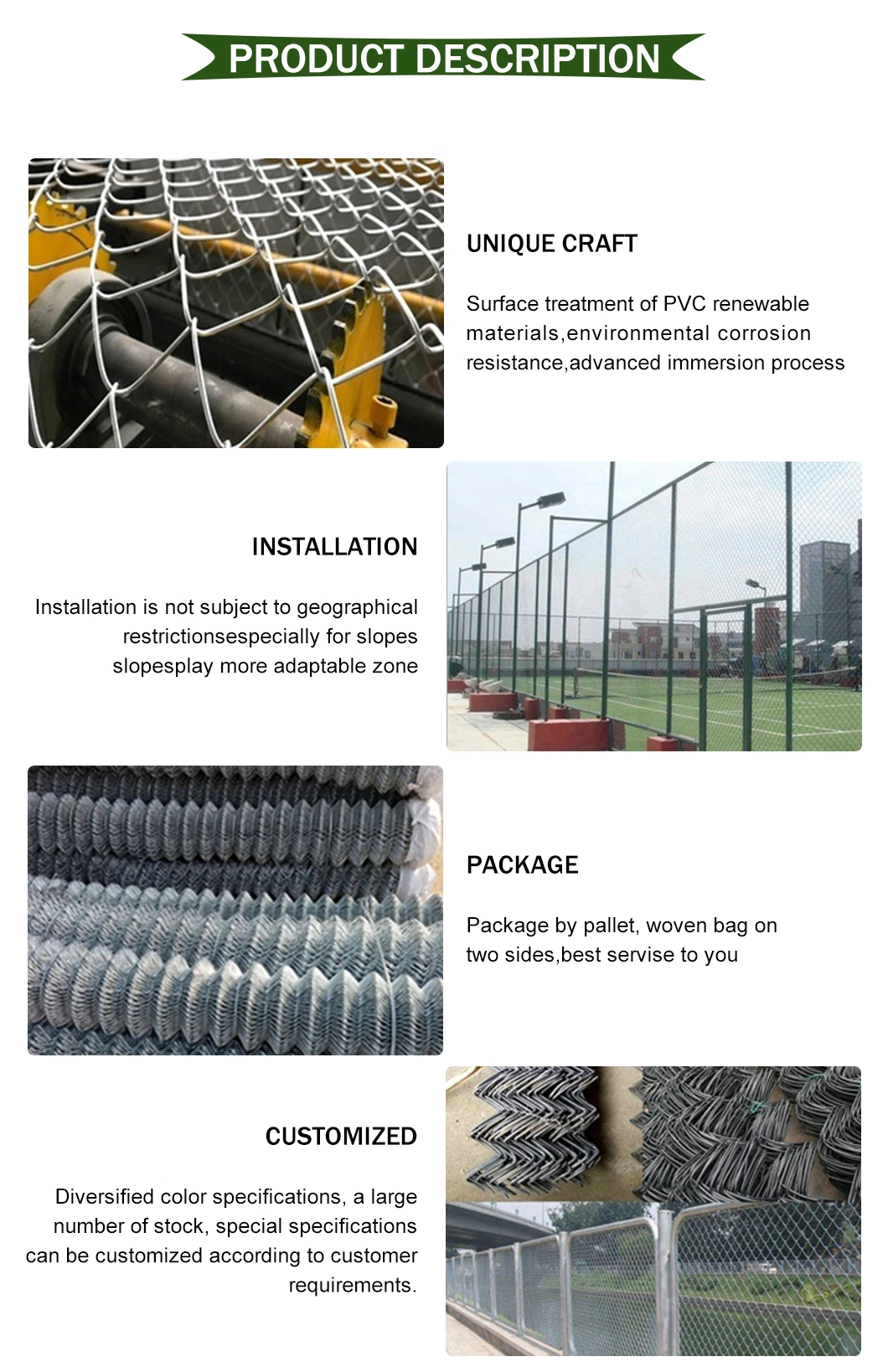 Outdoor PVC Coated Chain Link Fence Sports Ground Galvanized Diamond Fence