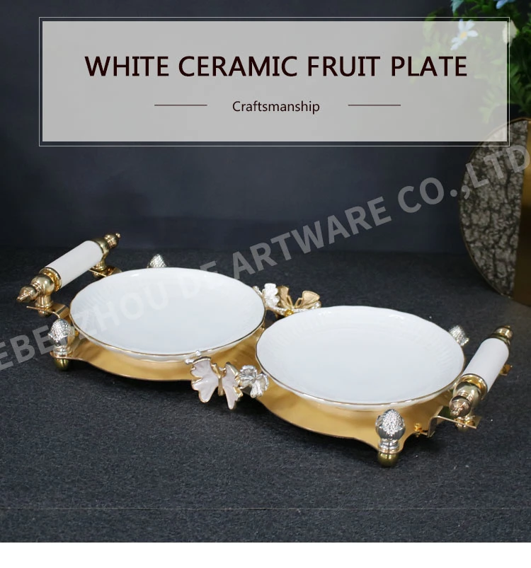 High Quality Candy Nut Tray with Butterfly Decoration Metal Stand Luxury Design Fruit Ceramic 2 Grids Plate