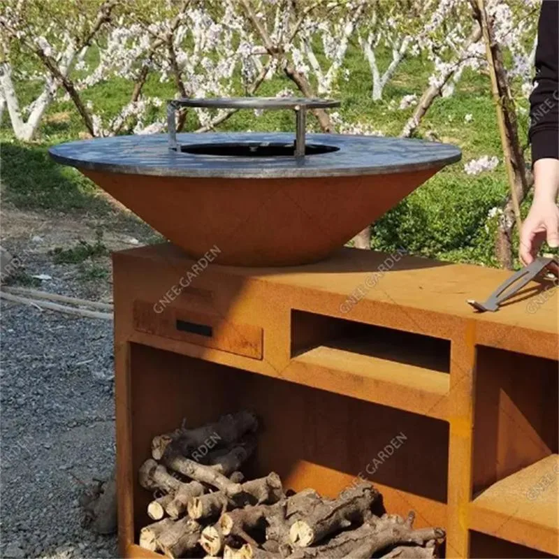 Round Corten Steel BBQ Grill with Woodburning