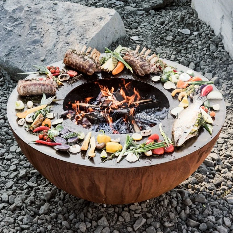 Barbecue Plancha Outdoor Wood Burning BBQ Corten Steel Fire Pit Bowl &amp; Cooking Grill