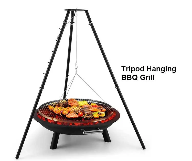Height-Adjustable Chain and Tripod Swivel Grill with Fire Bowl Fire Pit Grill Grate with Tripod