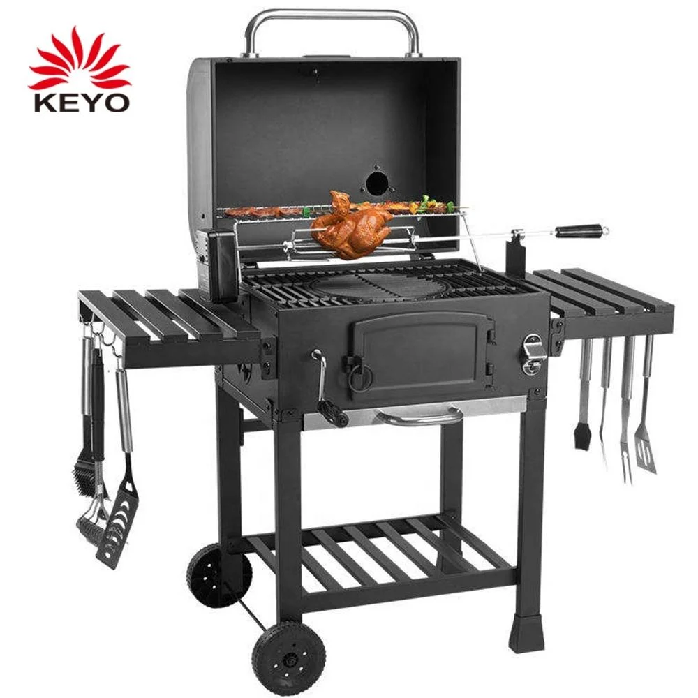 Heavy Duty Durable Smoker Grill Machine Barbecue Trolley Metal Steel Charcoal BBQ Grills with Doble Side Table
