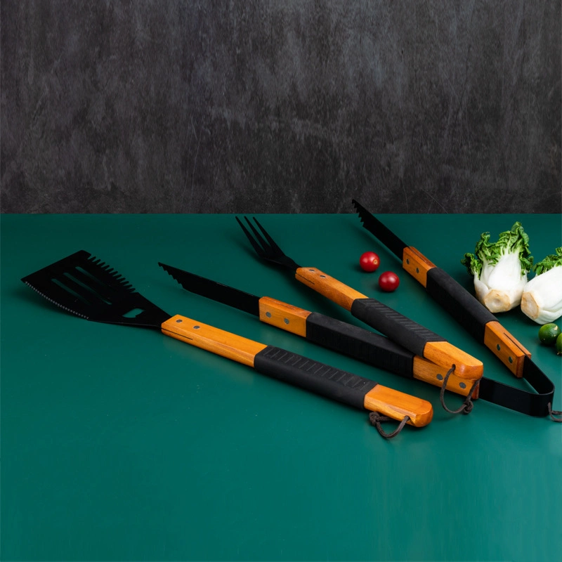 BBQ Accessories and Tools with Solid Wood Handles 3-Piece Grill Tongs and Fork Utensil Set Wbb15990