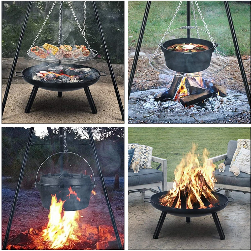 Round Chain Tripod Charcoal BBQ Grill Beach Barbeque Grill