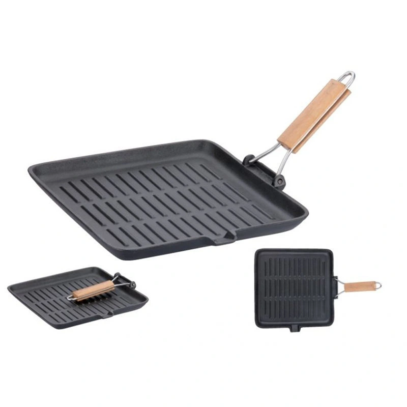 Cast Iron Grill Pan Square BBQ Hot Plate with Folding Handle