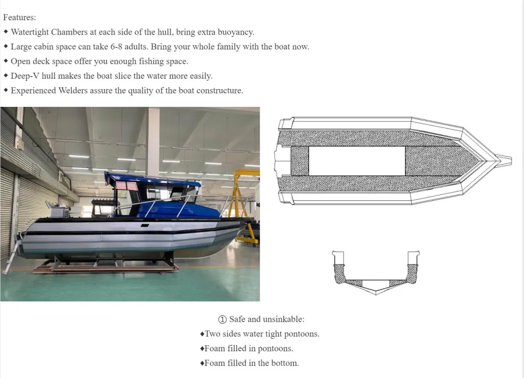 23FT Teak Floor Aluminum Luxury Fishing Boat with Enclosed Cabin