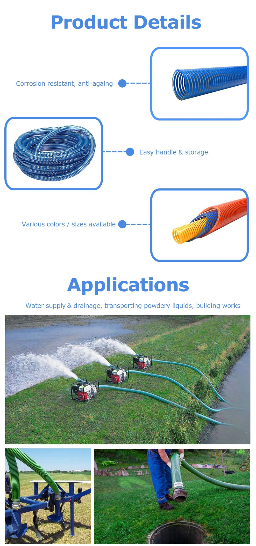 1 2 3 4 5 6 Inch Flexible Trash Water Pump PVC Suction Hose Pipe