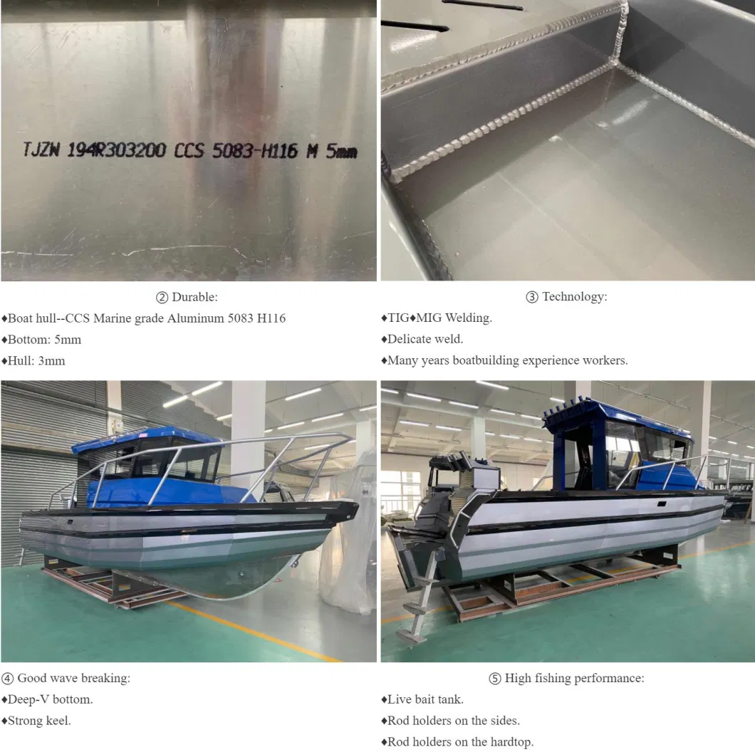 23FT Teak Floor Aluminum Luxury Fishing Boat with Enclosed Cabin