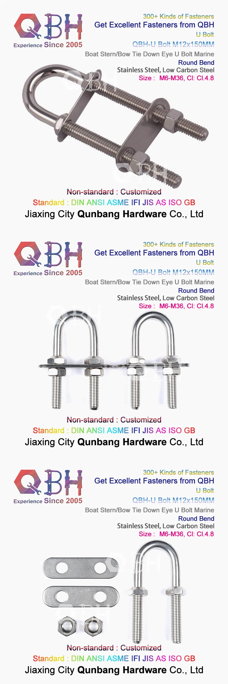 Qbh Customized Shipyard Ship Construction Structure Solar Rack Round Square Bend Pipe Fitting Stainless Carbon Steel U-Bolt Stud Rod Washer Double Nut