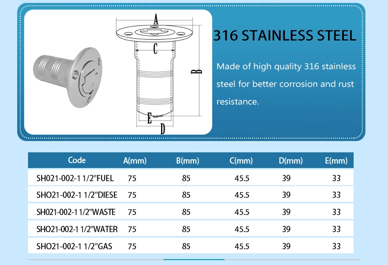 Diesel/Fuel/Gas/Water Boat Deck Fill Filler Tank Cap Neck Flush Mount Marine 316 Stainless Steel Yacht Accessories