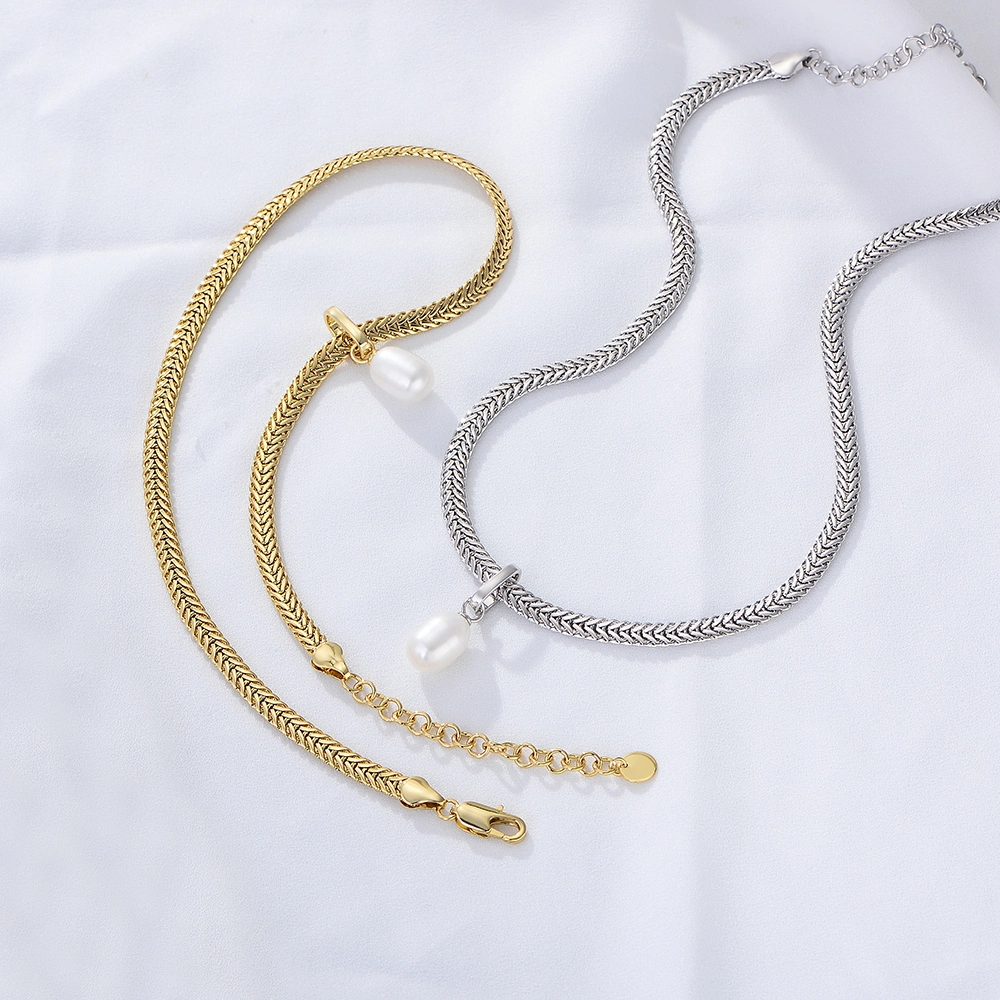 Popular 18K Gold Plated Hip Hop Necklace Wheat Chain Foxtail Chain with Freshwater Pearl Charm Necklace