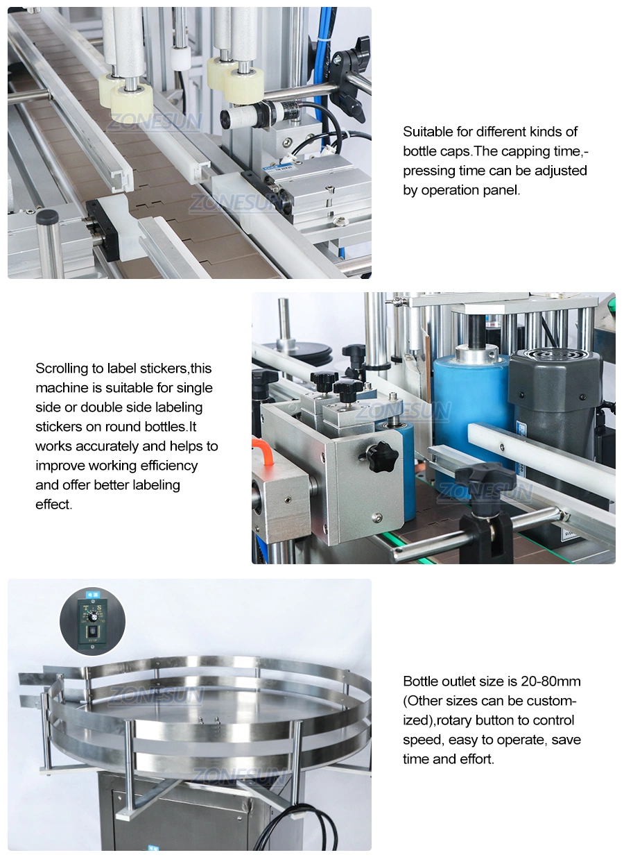 Zonesun Full Automatic Small Cosmetic Oil Liquid Bottle Filling Capping Vibrator and Labeling Machine Line