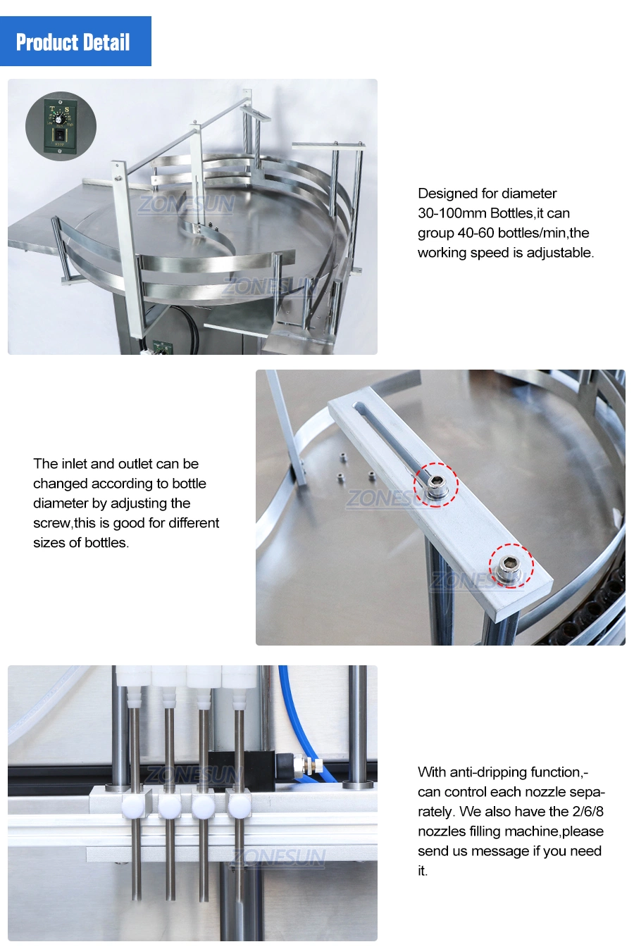 Zonesun Full Automatic Small Cosmetic Oil Liquid Bottle Filling Capping Vibrator and Labeling Machine Line