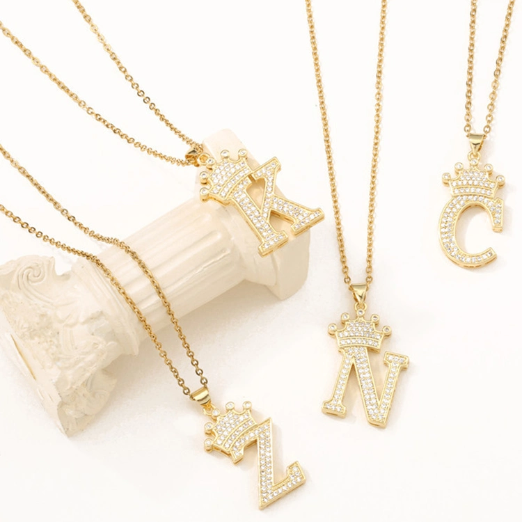 New Design Letter a-Z Brass Pendant Necklace Copper Gold Plated Cubic Zircon Stone Word Jewelry Alphabet Letter Necklace Chain