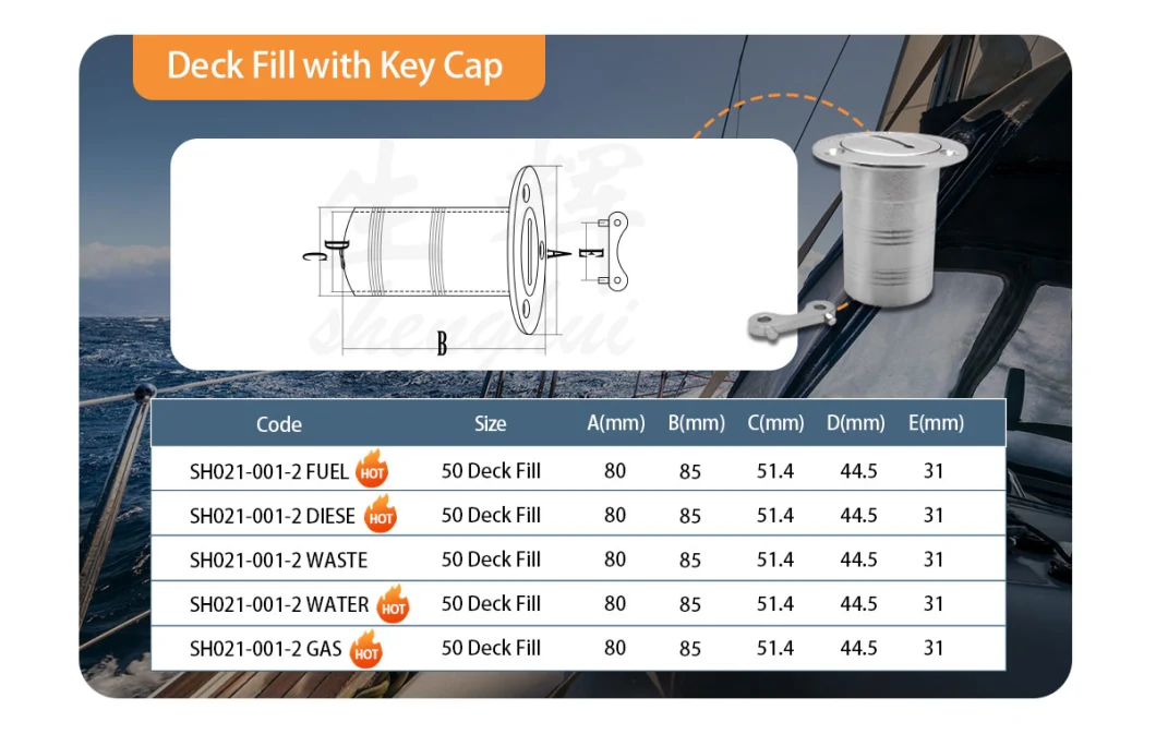 Marine Mirror Polished 316 Stainless Steel Hardware Neck Boat Fuel Deck Fill/Filler Key Cap